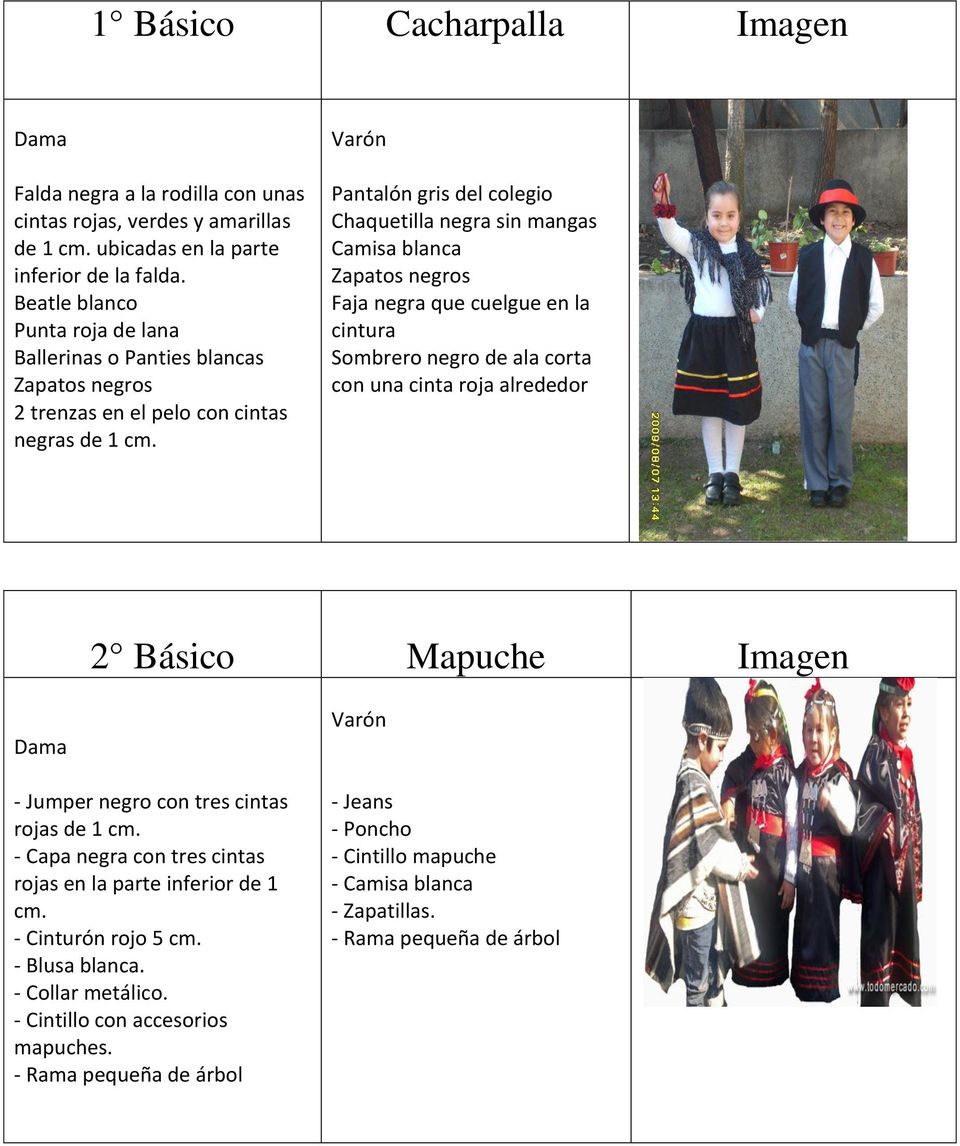 Pantalón gris del colegio Chaquetilla negra sin mangas Camisa blanca Faja negra que cuelgue en la cintura Sombrero negro de ala corta con una cinta roja alrededor 2 Básico Mapuche Imagen -