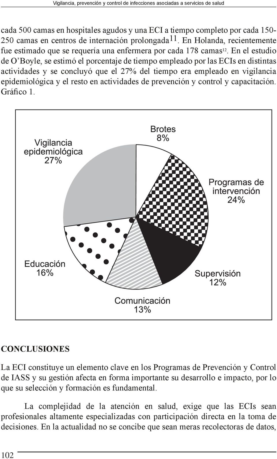 En el estudio de O Boyle, se estimó el porcentaje de tiempo empleado por las ECIs en distintas actividades y se concluyó que el 27% del tiempo era empleado en vigilancia epidemiológica y el resto en