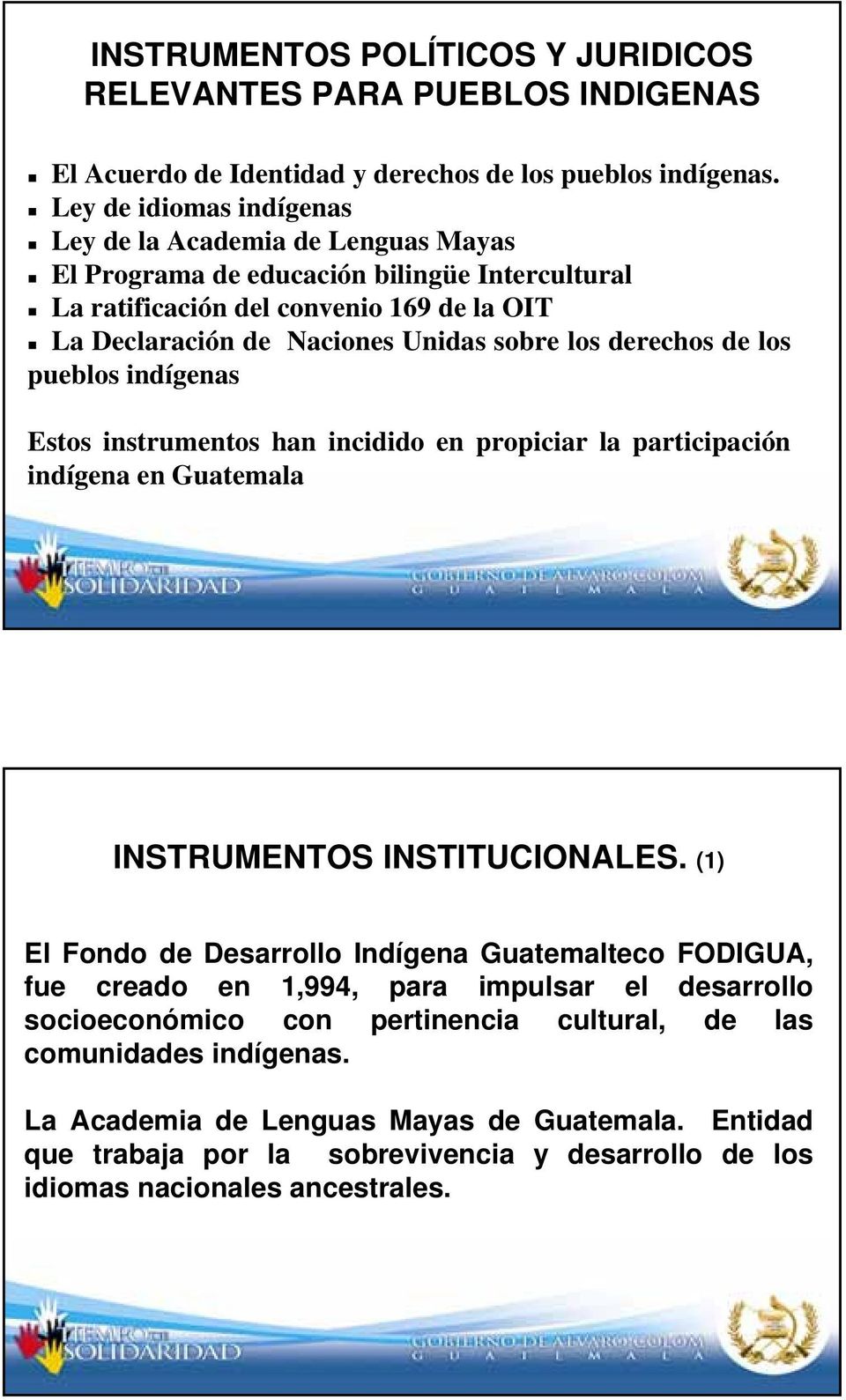 derechos de los pueblos indígenas Estos instrumentos han incidido en propiciar la participación indígena en Guatemala INSTRUMENTOS INSTITUCIONALES.