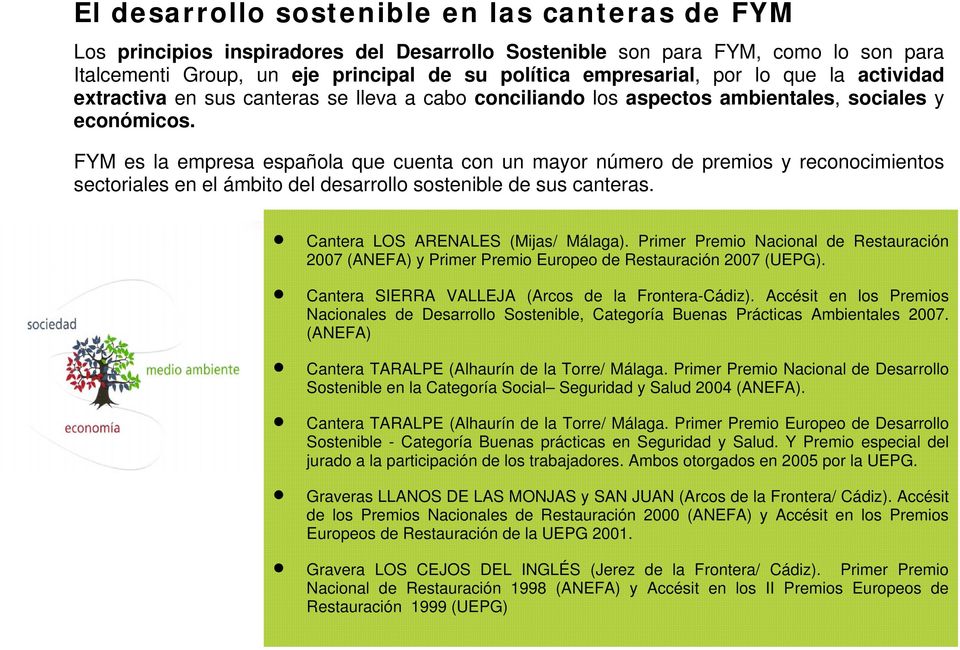 FYM es la empresa española que cuenta con un mayor número de premios y reconocimientos sectoriales en el ámbito del desarrollo sostenible de sus canteras. Cantera LOS ARENALES (Mijas/ Málaga).
