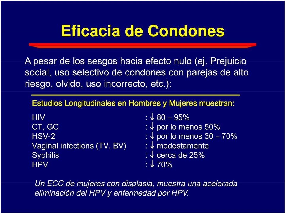 ): Estudios Longitudinales en Hombres y Mujeres muestran: HIV : 80 95% CT, GC : por lo menos 50% HSV-2 : por lo menos 30 70%