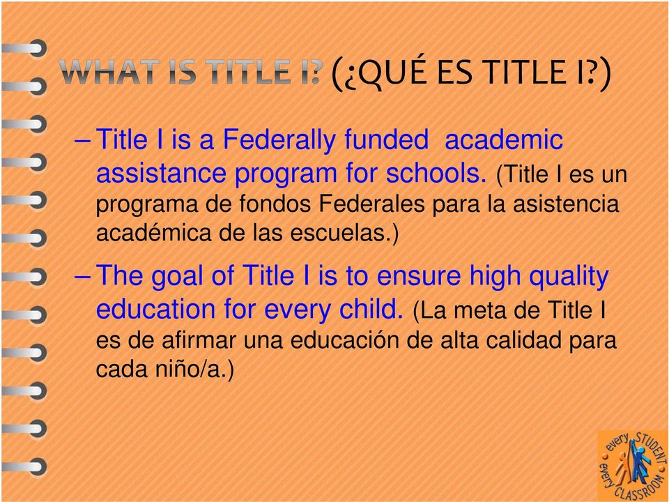 (Title I es un programa de fondos Federales para la asistencia académica de las