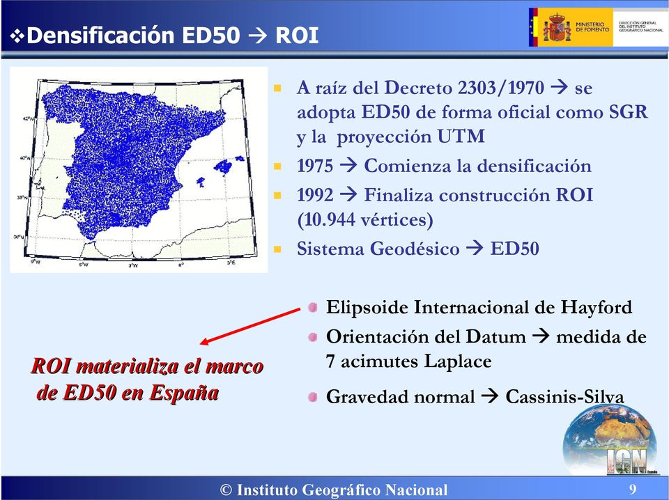 944 vértices) Sistema Geodésico ED50 ROI materializa el marco de ED50 en España Elipsoide