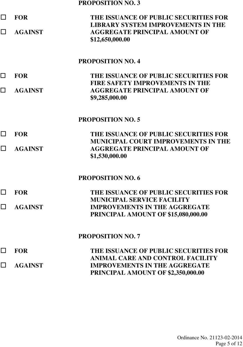 5 FOR THE ISSUANCE OF PUBLIC SECURITIES FOR MUNICIPAL COURT IMPROVEMENTS IN THE AGAINST AGGREGATE PRINCIPAL AMOUNT OF $1,530,000.00 PROPOSITION NO.