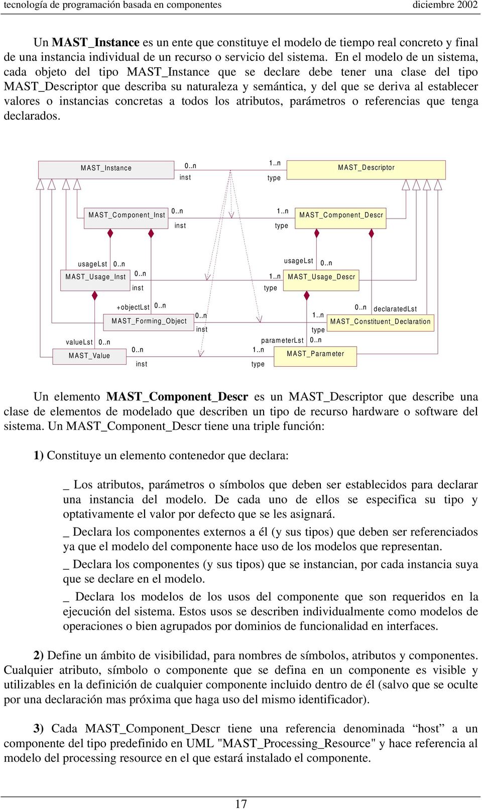 En el modelo de un sistema, cada objeto del tipo MAST_Instance que se declare debe tener una clase del tipo MAST_Descriptor que describa su naturaleza y semántica, y del que se deriva al establecer