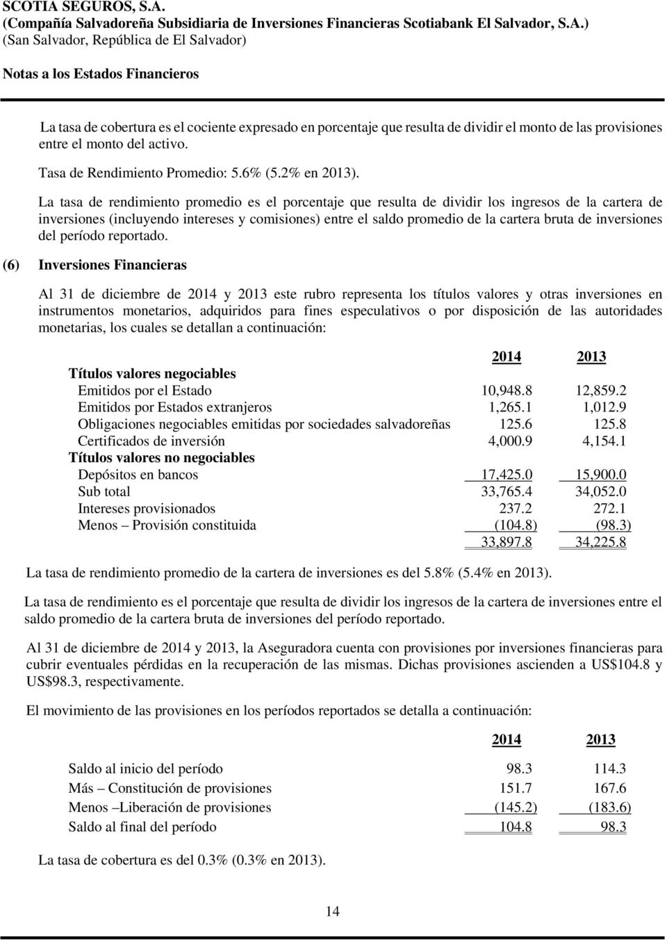 inversiones del período reportado.
