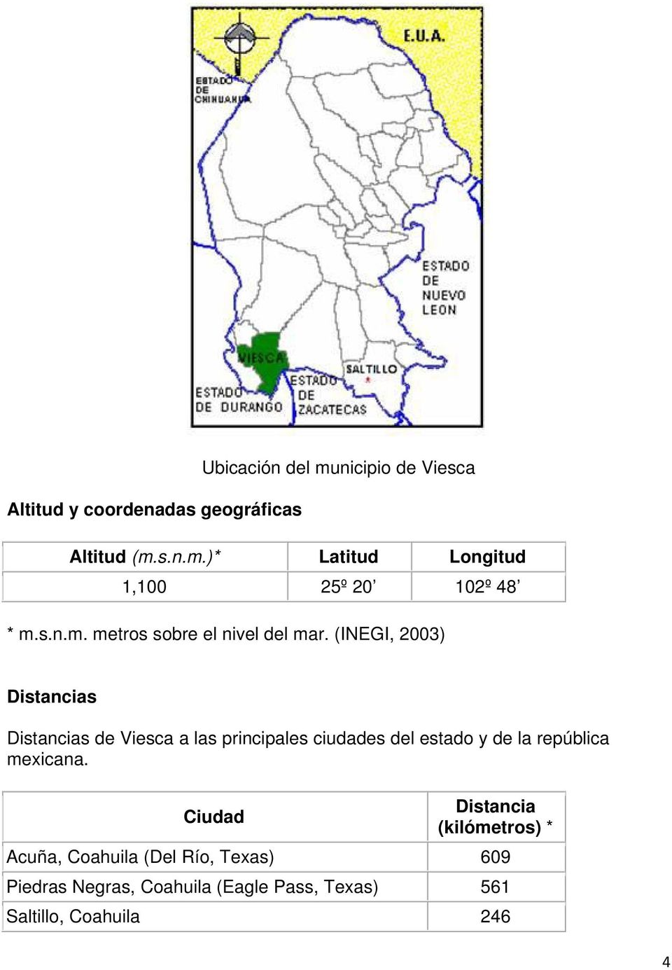 (INEGI, 2003) Distancias Distancias de Viesca a las principales ciudades del estado y de la república