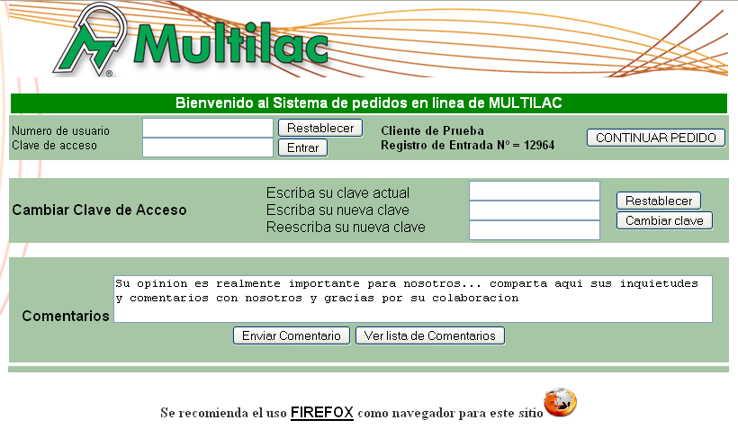 PEDIDO EN LINEA Ingrese a la página Web de Multilac por la dirección http://www.multilac.
