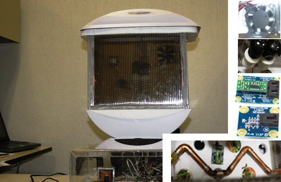 El campo de Cultivo: A. Los ventiladores, B. Las lámparas, C. El Sensor de la temperatura y la Humedad, D.
