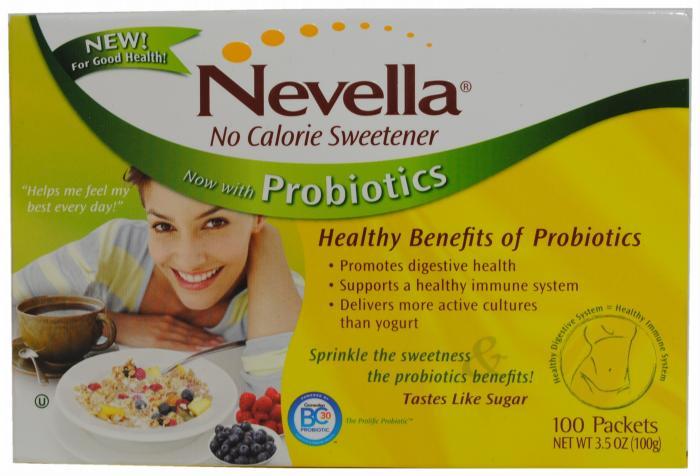 Productos Nevella No Calorie Sweetener with Probiotics claims to promote digestive health, to support a healthy immune system and to deliver more active cultures than yogurt.