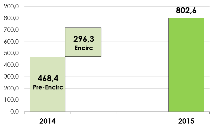 Evolución del negocio durante el año 2015 Las ventas registradas por Vidrala durante el año 2015 ascendieron a 802,6 millones de euros lo que refleja un incremento del 71,4% respecto a lo reportado