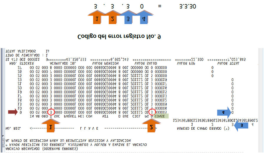 Ahora, con el objeto de establecer el código del error, en la siguiente imagen las flechas de color naranja (columnas T y D), nos indican en que tipo de registro se presentó el error, en este caso es