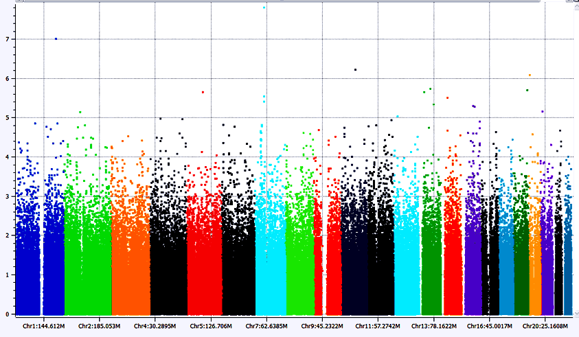 CAPÍTULO 4: LIGAMIENTO GENÉTICO EN HUMANOS 13 La Figura 4.6 muestra el valor de asociación (en el eje Y) para varios miles de SNPs distribuidos por todo el genoma.