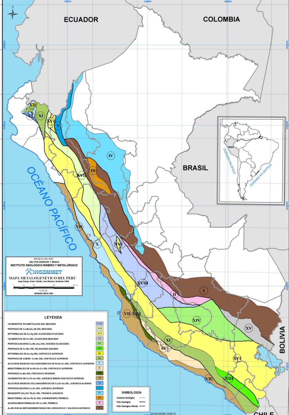 Nuevo Mapa Metalogenético del Perú Visión de la distribución espacial y temporal de los diversos yacimientos metálicos Definir áreas de interés