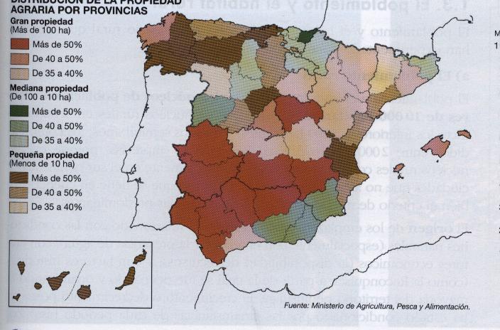 Minifundios (<10 ha) predominan en norte y levante Latifundios (>100 ha)