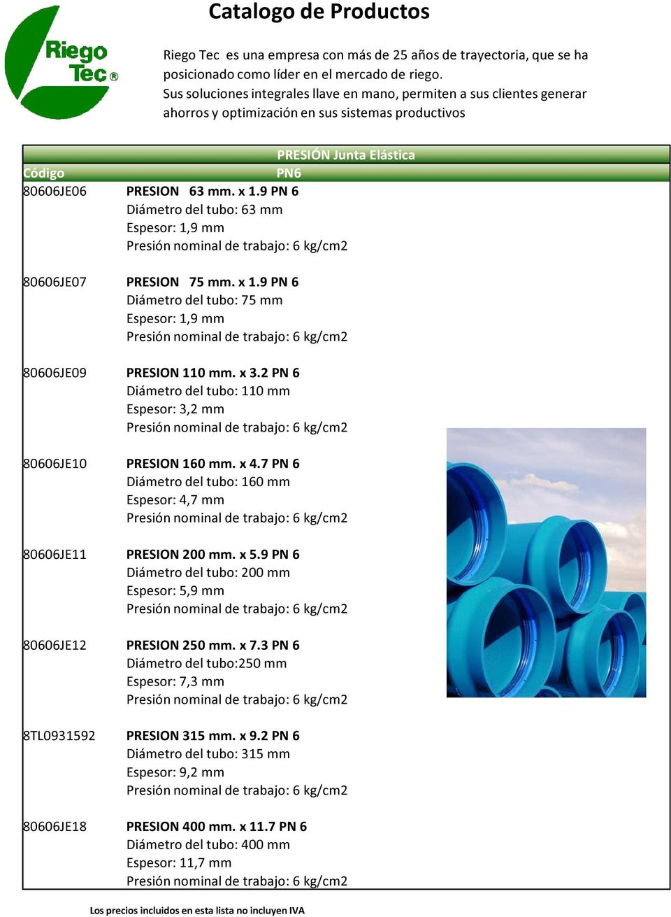9 PN 6 Diámetro del tubo: 200 mm Espesor: 5,9 mm 80606JE12 PRESION 250 mm. x 7.3 PN 6 Diámetro del tubo:250 mm Espesor: 7,3 mm 8TL0931592 PRESION 315 mm. x 9.