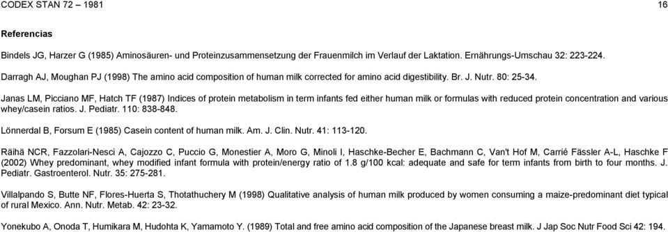 Janas LM, Picciano MF, Hatch TF (1987) Indices of protein metabolism in term infants fed either human milk or formulas with reduced protein concentration and various whey/casein ratios. J. Pediatr.