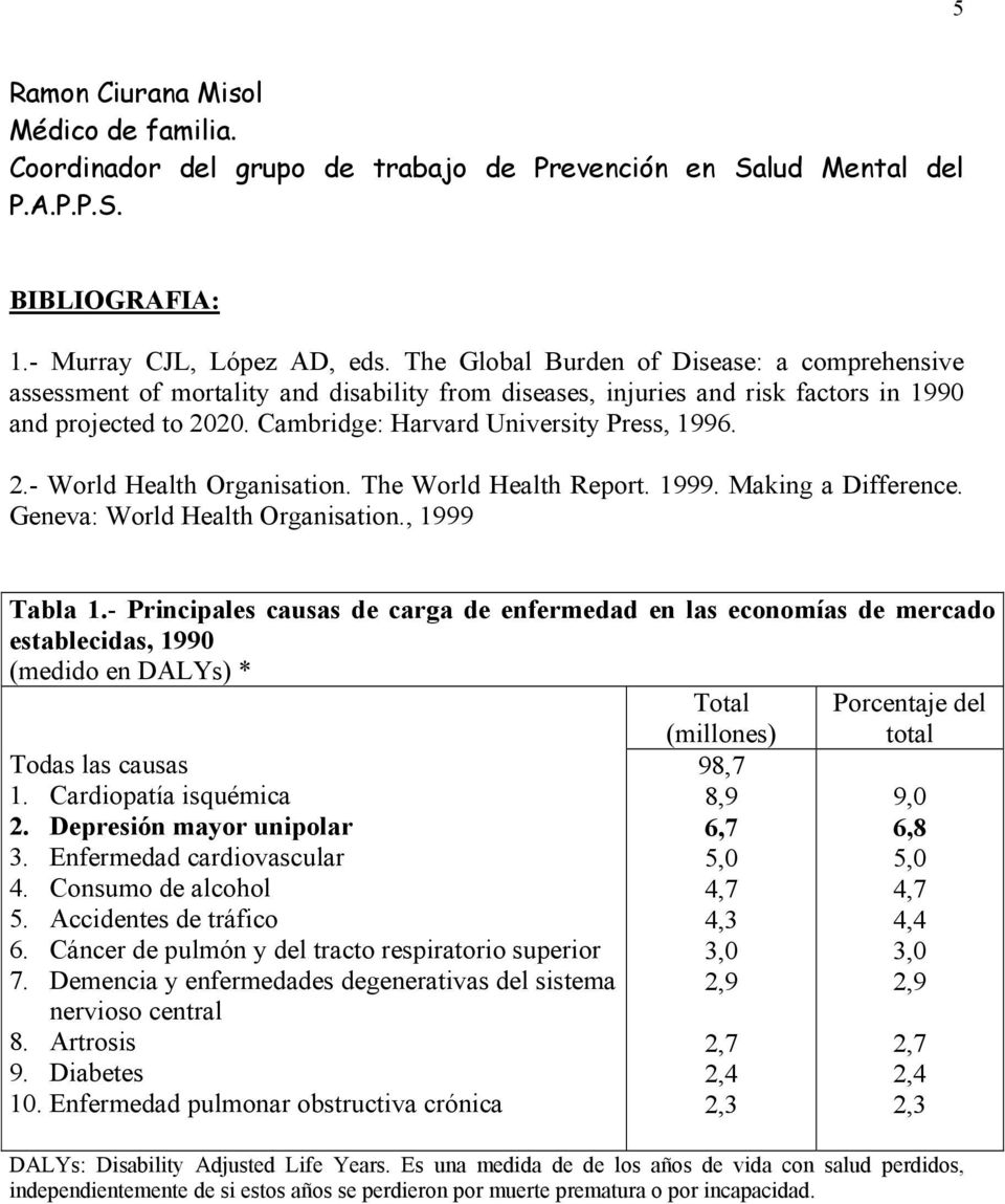 2.- World Health Organisation. The World Health Report. 1999. Making a Difference. Geneva: World Health Organisation., 1999 Tabla 1.
