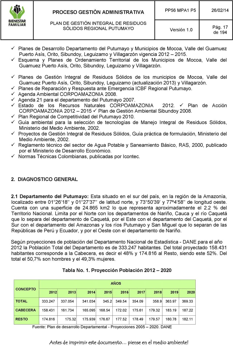 Planes de Gestión Integral de Residuos Sólidos de los municipios de Mocoa, Valle del Guamuez Puerto Asís, Orito, Sibundoy, Leguizamo (actualización 2013) y Villagarzón.