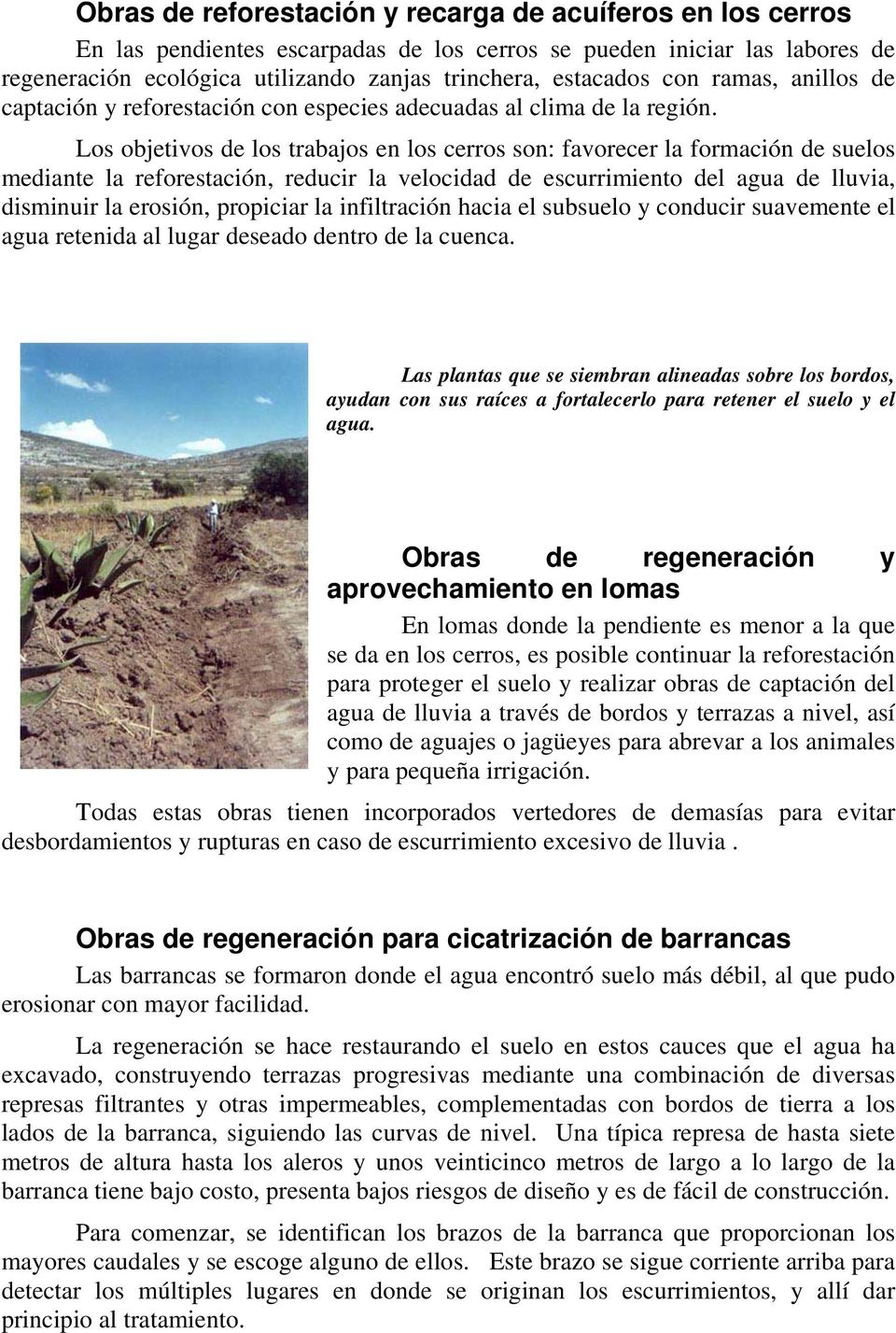 Los objetivos de los trabajos en los cerros son: favorecer la formación de suelos mediante la reforestación, reducir la velocidad de escurrimiento del agua de lluvia, disminuir la erosión, propiciar
