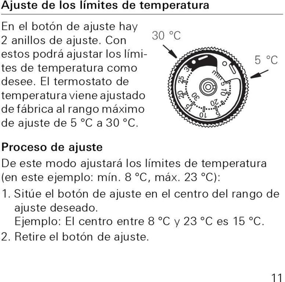 El termostato de temperatura viene ajustado de fábrica al rango máximo de ajuste de 5 C a 30 C.