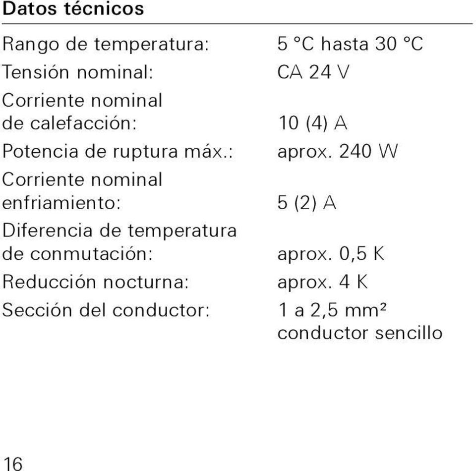 240 W Corriente nominal enfriamiento: 5 (2) A Diferencia de temperatura de