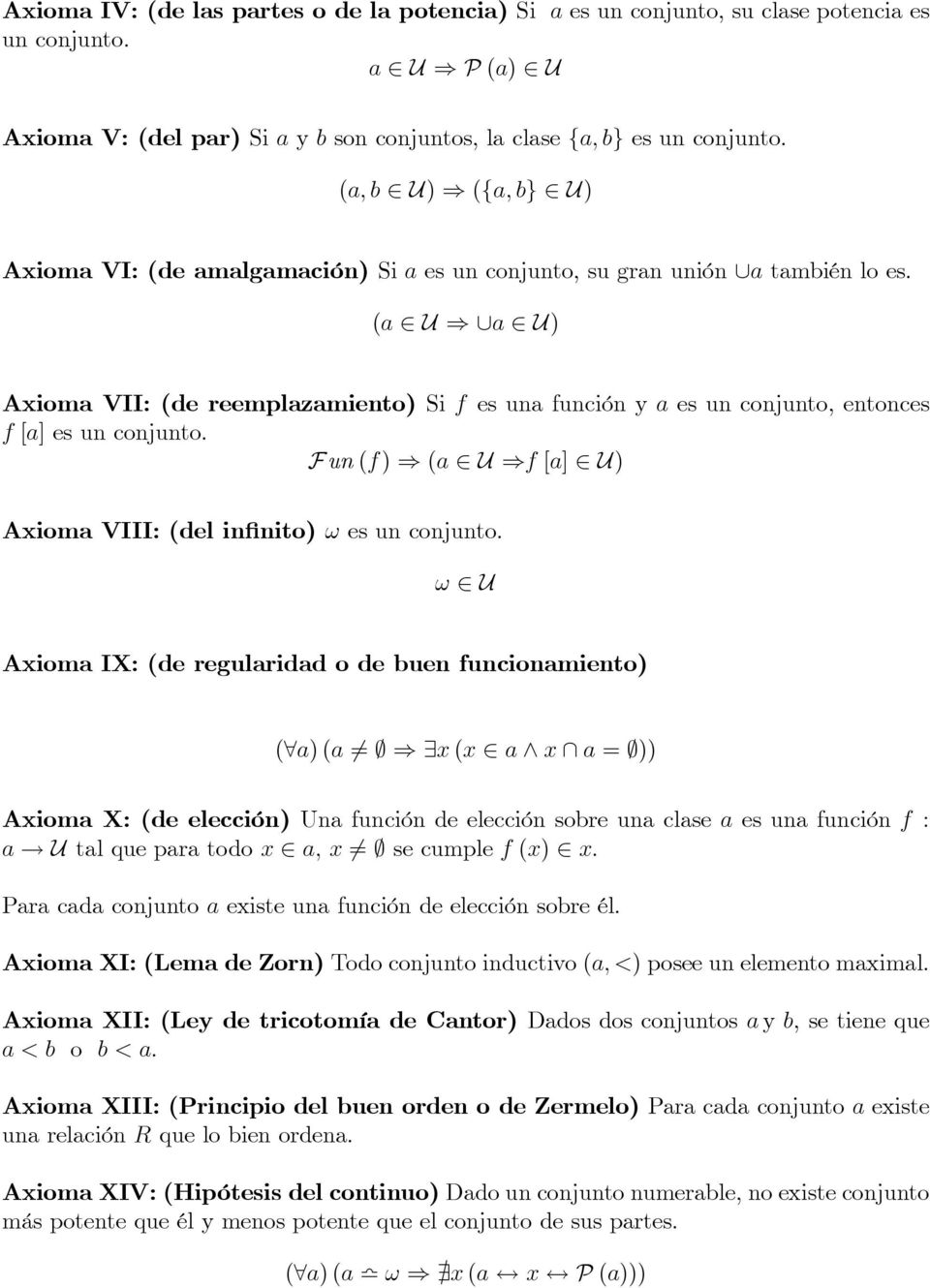 (a 2 U ) [a 2 U) Axioma VII: (de reemplazamiento) Si f es una función y a es un conjunto,