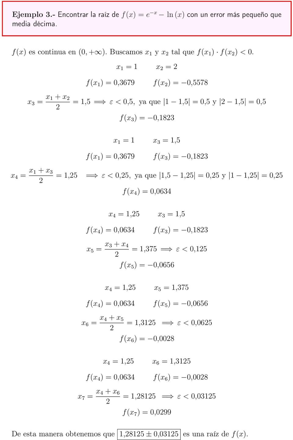 < 0,5, ya que 1,5 1,5 = 0,5 y 1 1,5 = 0,5 f(x 4 ) = 0,0634 x 4 = 1,5 x 3 = 1,5 f(x 4 ) = 0,0634 f(x 3 ) = 0,183 x 5 = x 3 + x 4 = 1,375 = ε < 0,15 f(x 5 ) = 0,0656 x 4 = 1,5 x 5 = 1,375 f(x 4 ) =