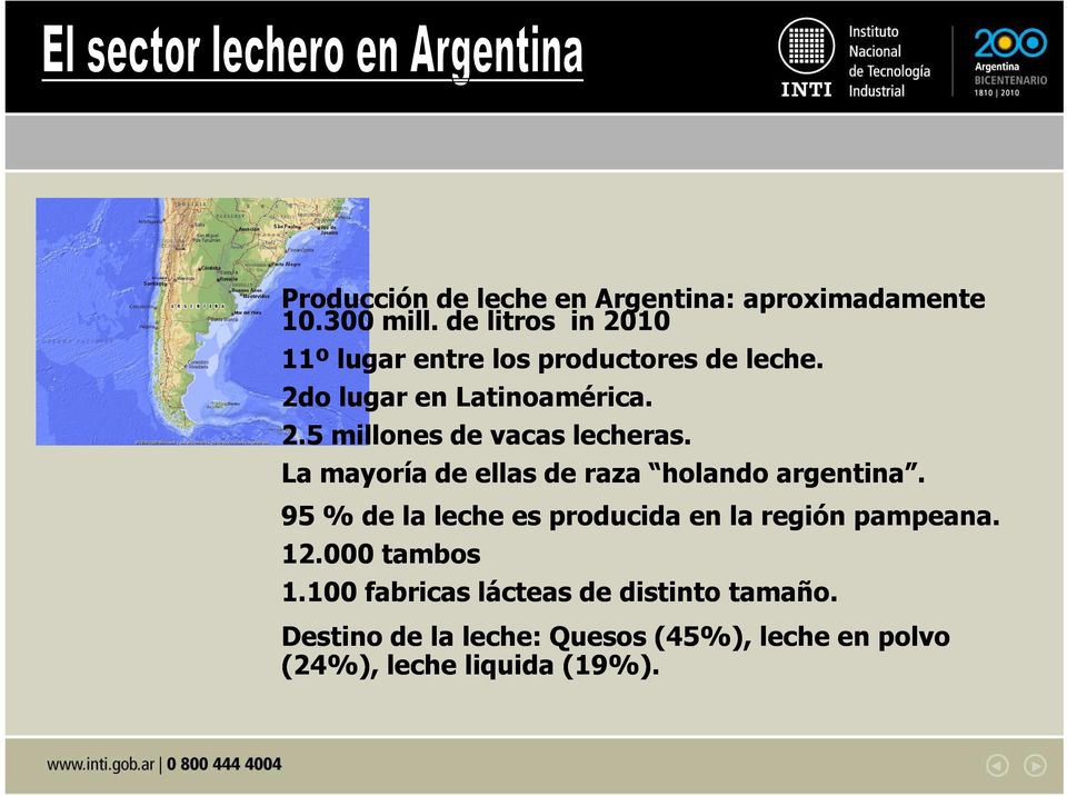 La mayoría de ellas de raza holando argentina. 95 % de la leche es producida en la región pampeana. 12.