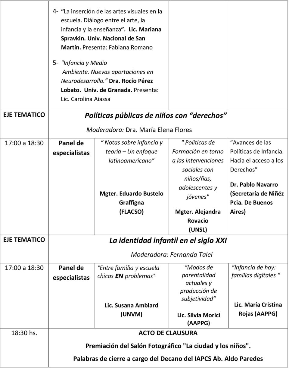 Carolina Aiassa Políticas públicas de niños con derechos Moderadora: Dra. María Elena Flores 17:00 a 18:30 Panel de Notas sobre infancia y teoría Un enfoque latinoamericano Mgter.