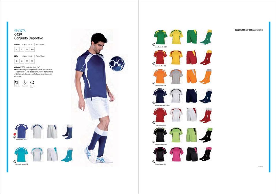 Producto: Conjunto deportivo unisex: 2 camisetas + 1 pantalón + 1 par de calcetas. Tejido transpirable y fácil secado.