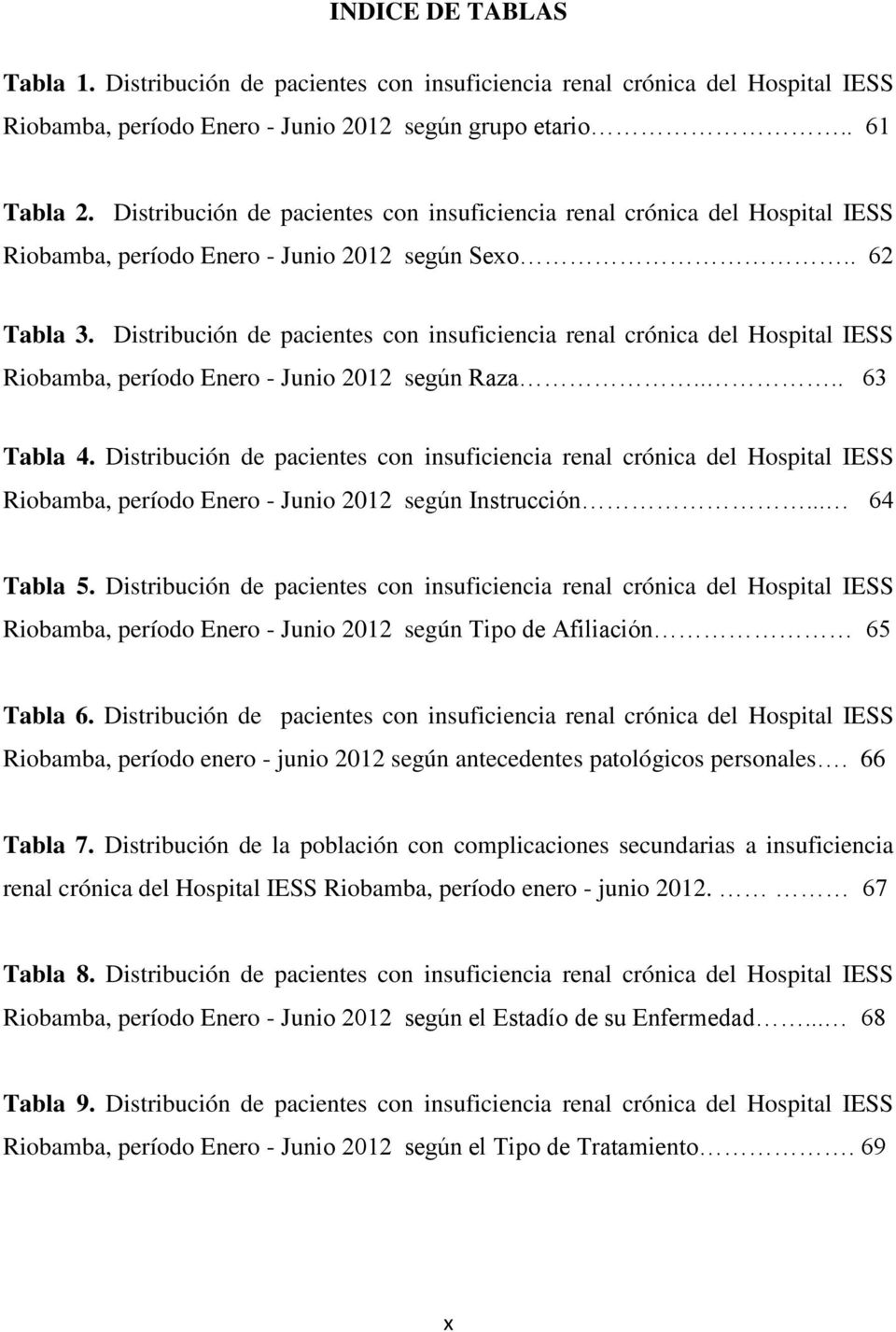 Distribución de pacientes con insuficiencia renal crónica del Hospital IESS Riobamba, período Enero - Junio 2012 según Raza.... 63 Tabla 4.