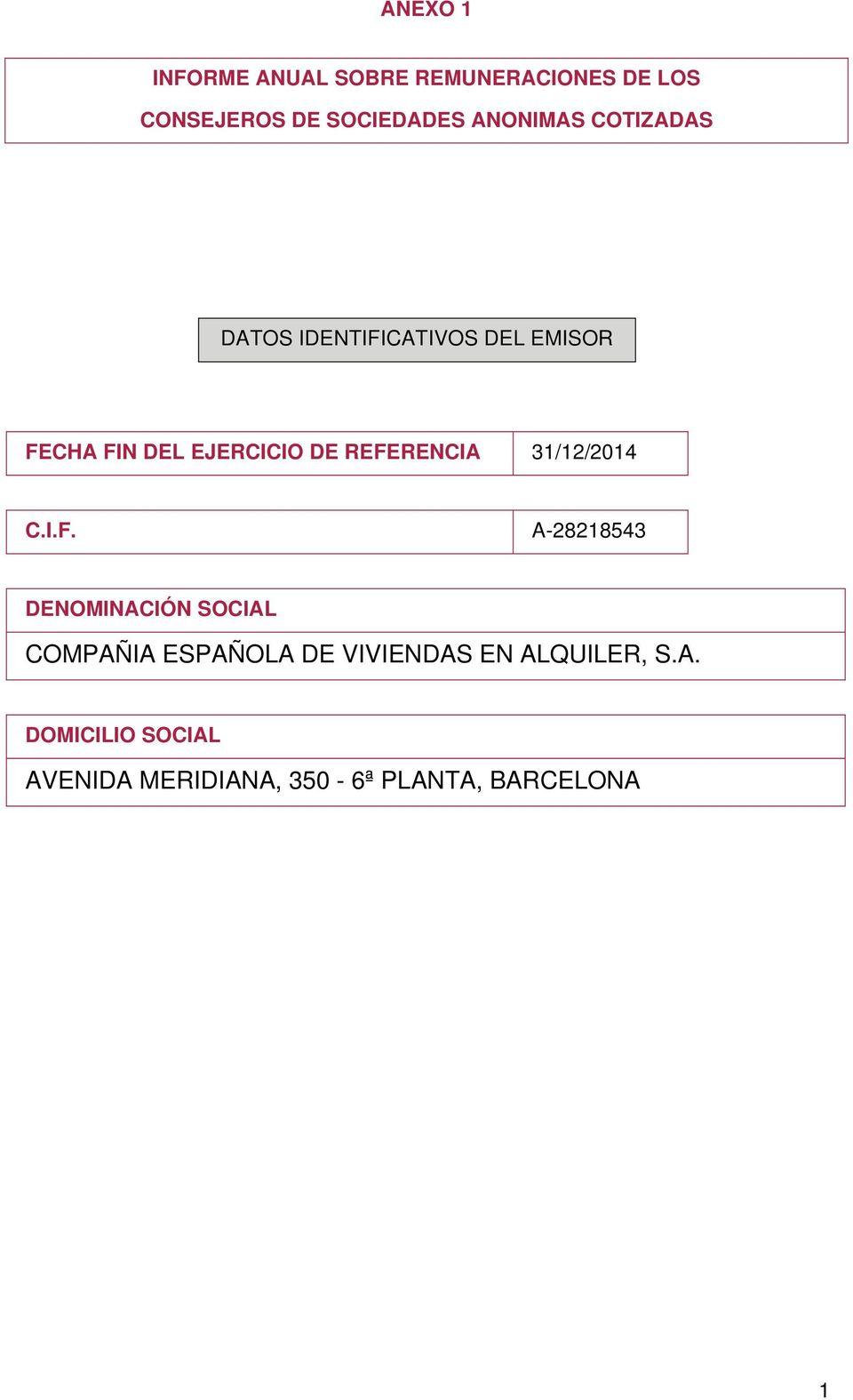 REFERENCIA 31/12/2014 C.I.F. A-28218543 DENOMINACIÓN SOCIAL COMPAÑIA ESPAÑOLA DE VIVIENDAS EN ALQUILER, S.