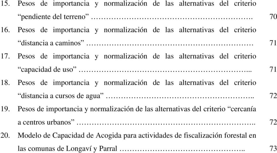 Pesos de importancia y normalización de las alternativas del criterio capacidad de uso... 71 18.