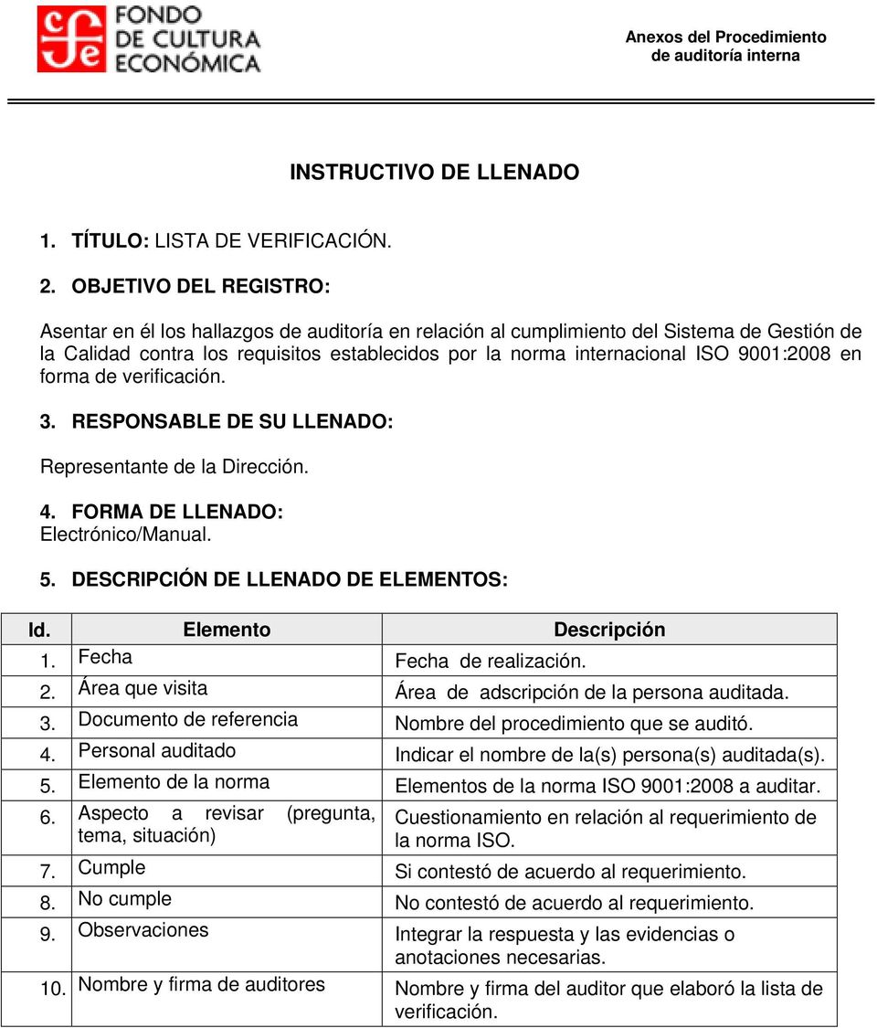 9001:2008 en forma de verificación. 3. RESPONSABLE DE SU LLENADO: Representante de la Dirección. 4. FORMA DE LLENADO: Electrónico/Manual. 5. DESCRIPCIÓN DE LLENADO DE ELEMENTOS: Id.