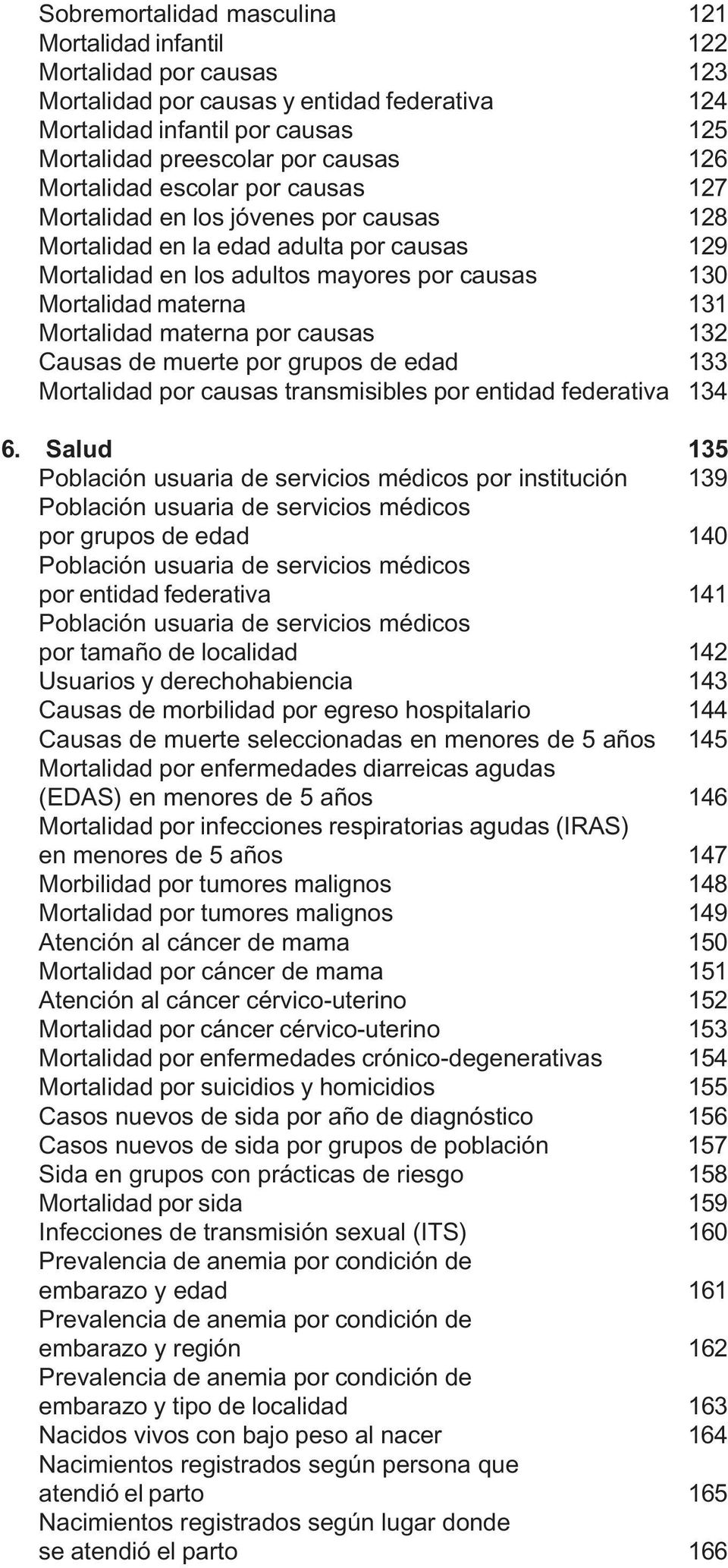 Mortalidad materna por causas 132 Causas de muerte por grupos de edad 133 Mortalidad por causas transmisibles por entidad federativa 134 6.