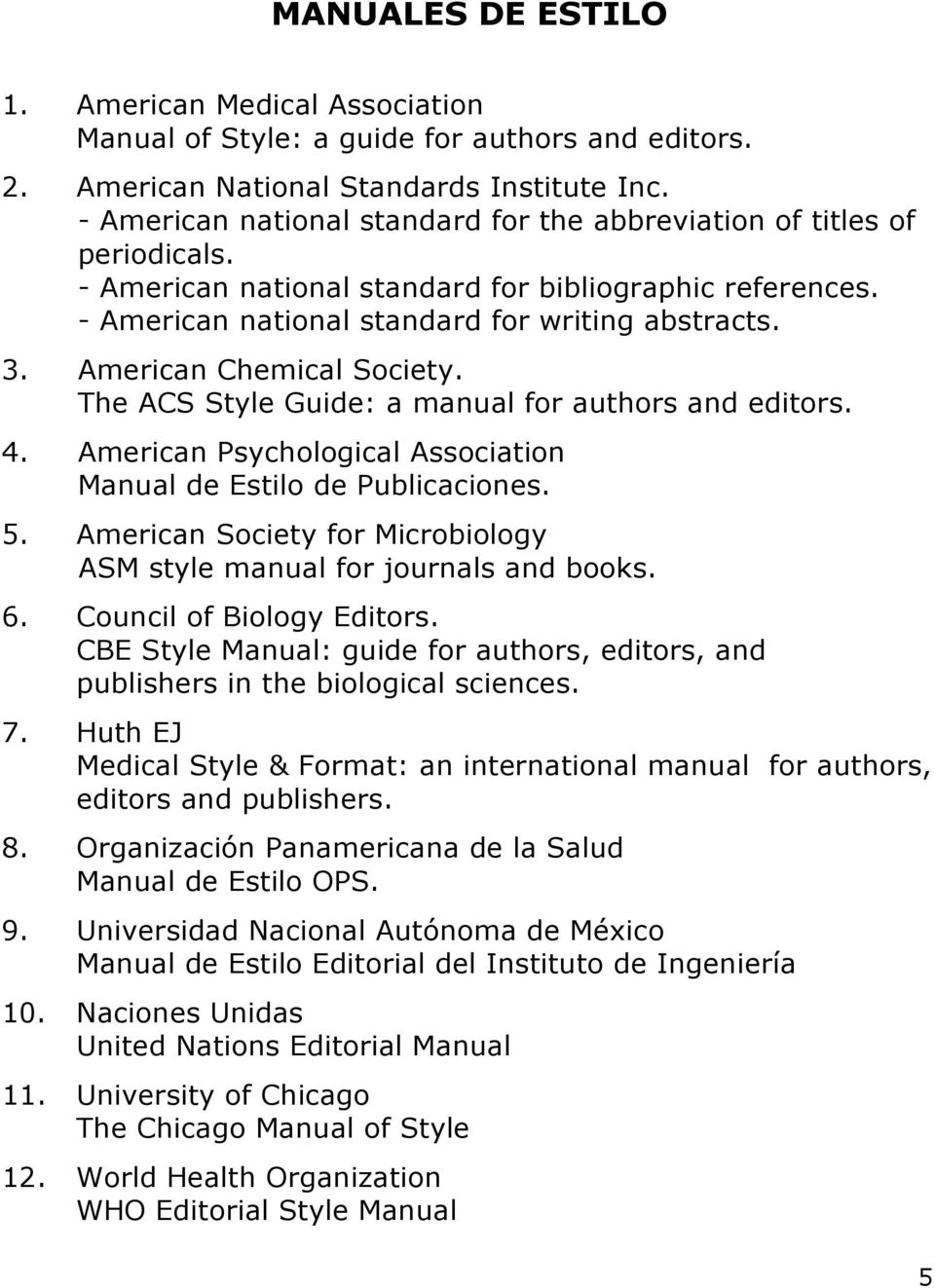 American Chemical Society. The ACS Style Guide: a manual for authors and editors. 4. American Psychological Association Manual de Estilo de Publicaciones. 5.
