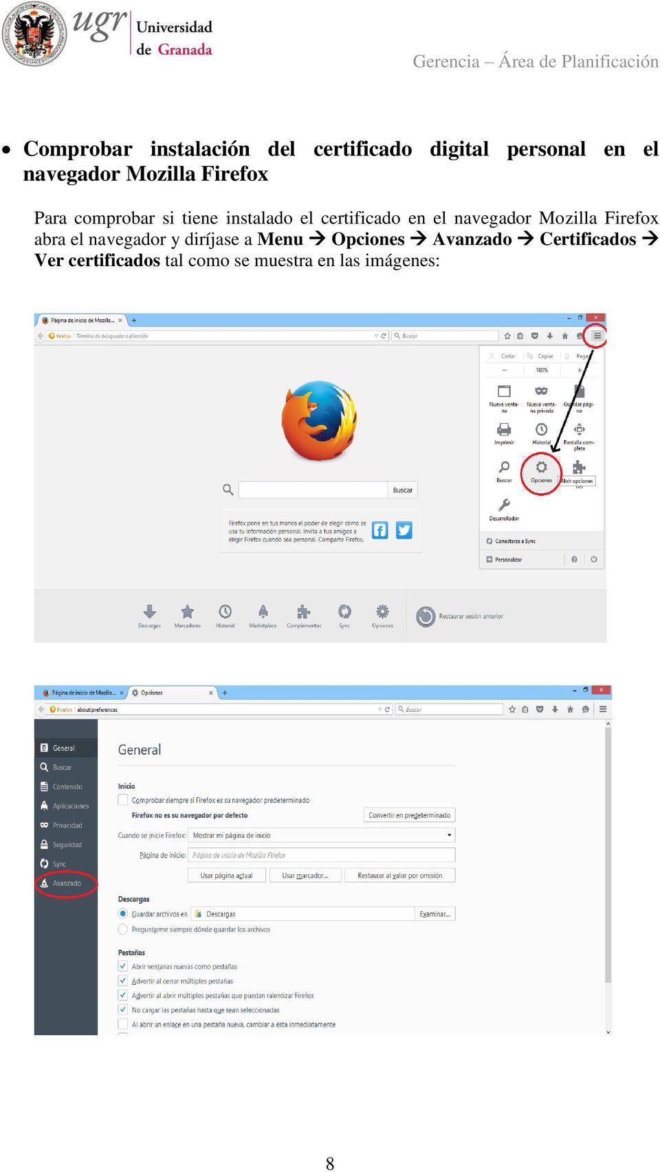 navegador Mozilla Firefox abra el navegador y diríjase a Menu Opciones