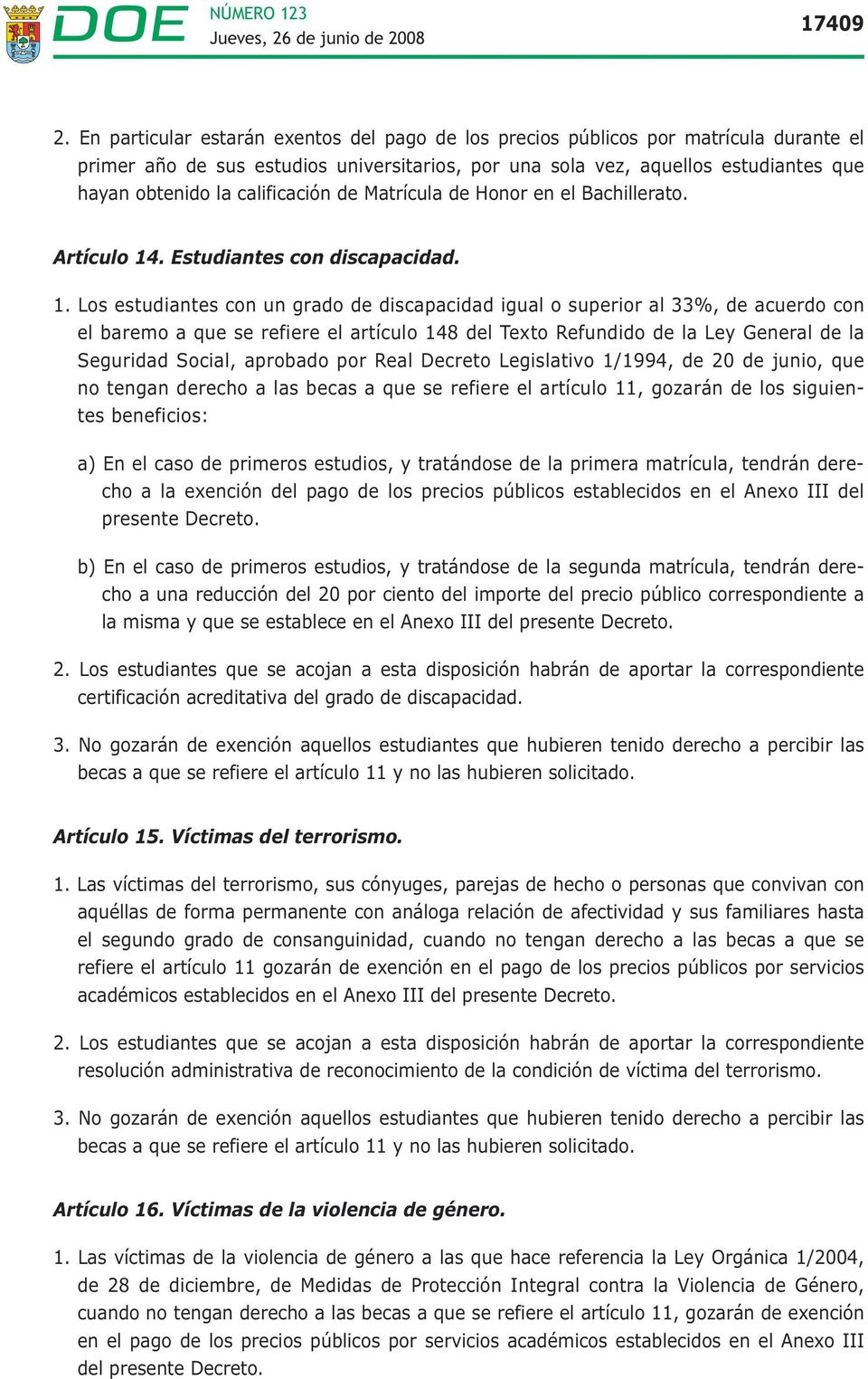 calificación de Matrícula de Honor en el Bachillerato. Artículo 14
