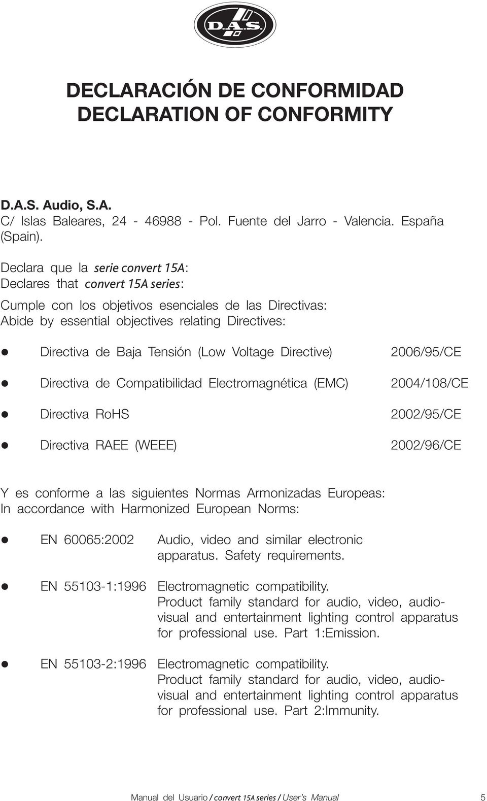 Tensión (Low Voltage Directive) ldirectiva de Compatibilidad Electromagnética (EMC) ldirectiva RoHS ldirectiva RAEE (WEEE) 2006/95/CE 2004/108/CE 2002/95/CE 2002/96/CE Y es conforme a las siguientes