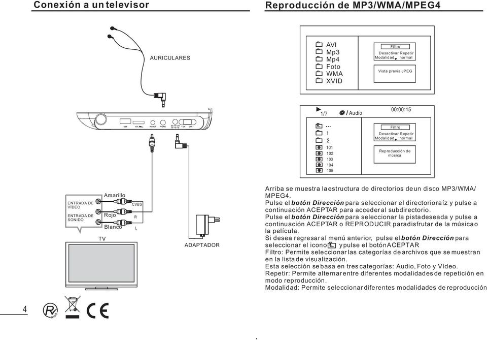 disco MP3/WMA/ MPEG4. Pulse el botón Dirección para seleccionar el directorio raíz y pulse a continuación ACEPTAR para acceder al subdirectorio.