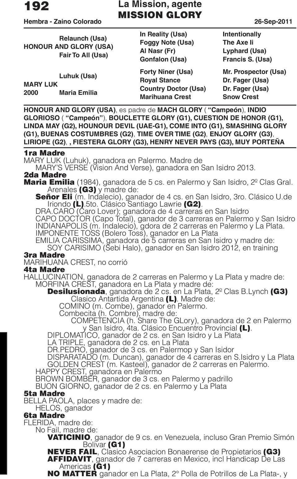 Fager (Usa) Snow Crest HONOUR AND GLORY (USA), es padre de MACH GLORY ( Campeón), INDIO GLORIOSO ( Campeón ), BOUCLETTE GLORY (G1), CUESTION DE HONOR (G1), LINDA MAY (G2), HOUNOUR DEVIL (UAE-G1),