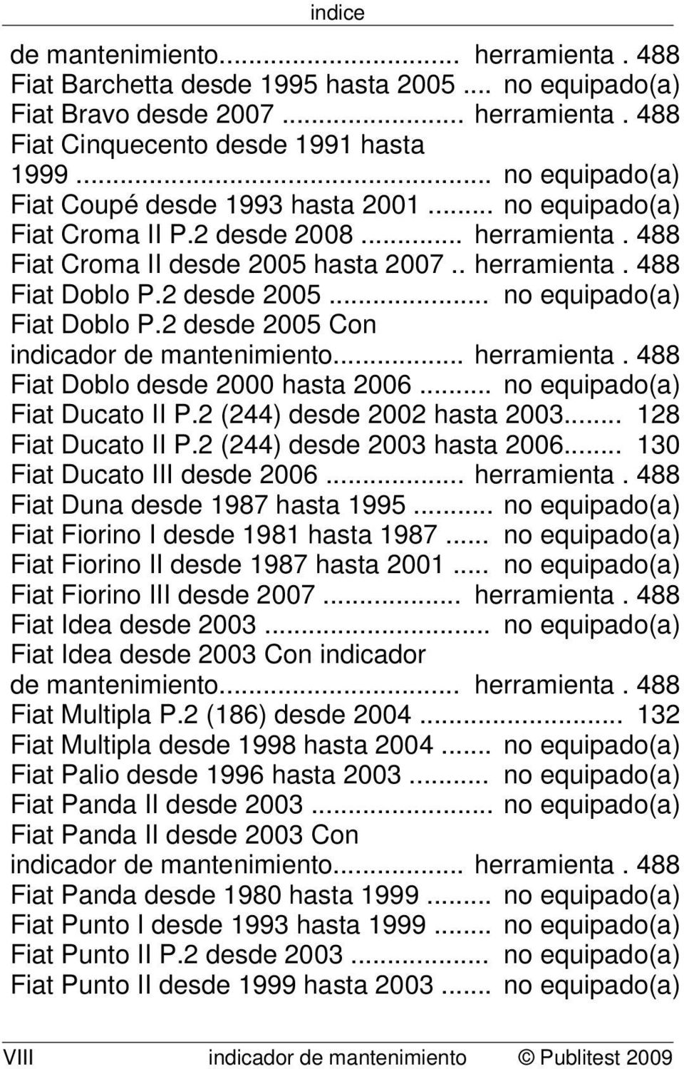 .. no equipado(a) Fiat Doblo P.2 desde 2005 Con indicador de mantenimiento... herramienta. 488 Fiat Doblo desde 2000 hasta 2006... no equipado(a) Fiat Ducato II P.2 (244) desde 2002 hasta 2003.
