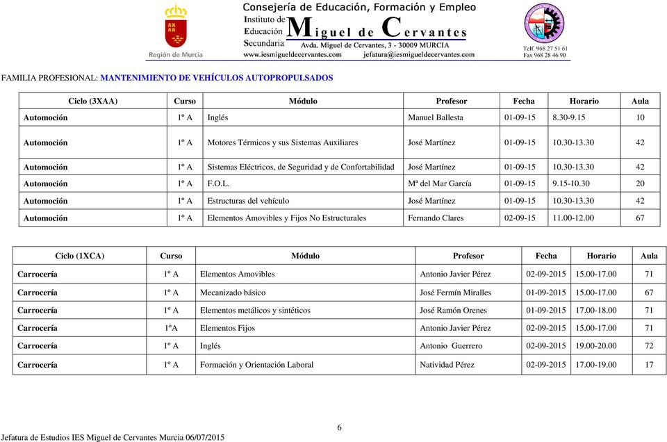 O.L. Mª del Mar García 01-09-15 9.15-10.30 20 Automoción Estructuras del vehículo José Martínez 01-09-15 10.30-13.