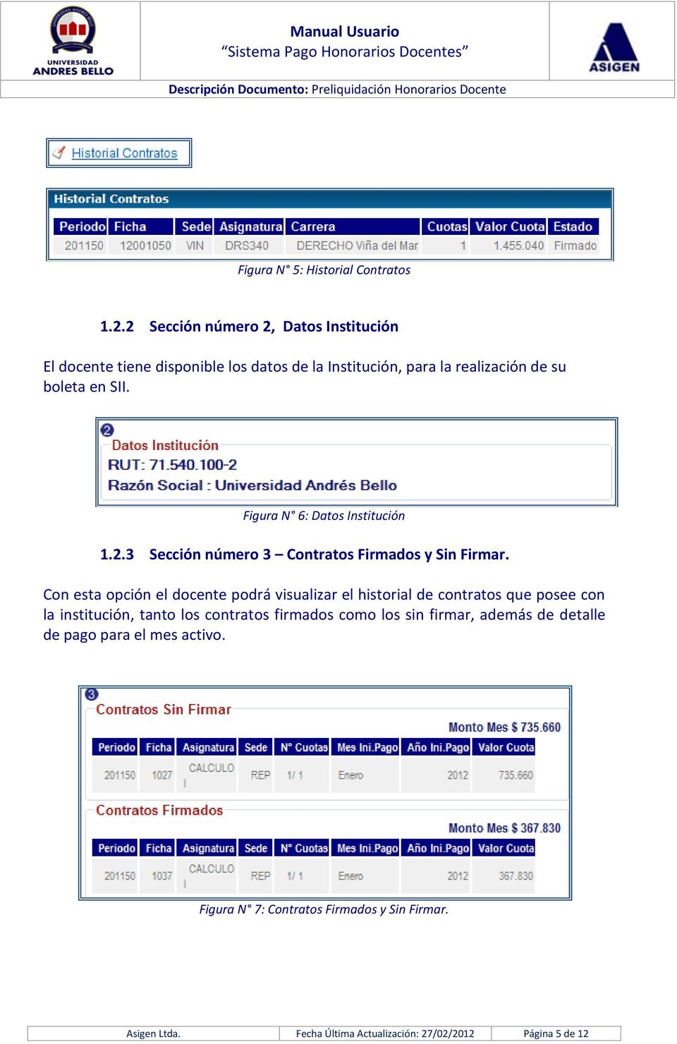 Figura N 6: Datos Institución 1.2.3 Sección número 3 Contratos Firmados y Sin Firmar.