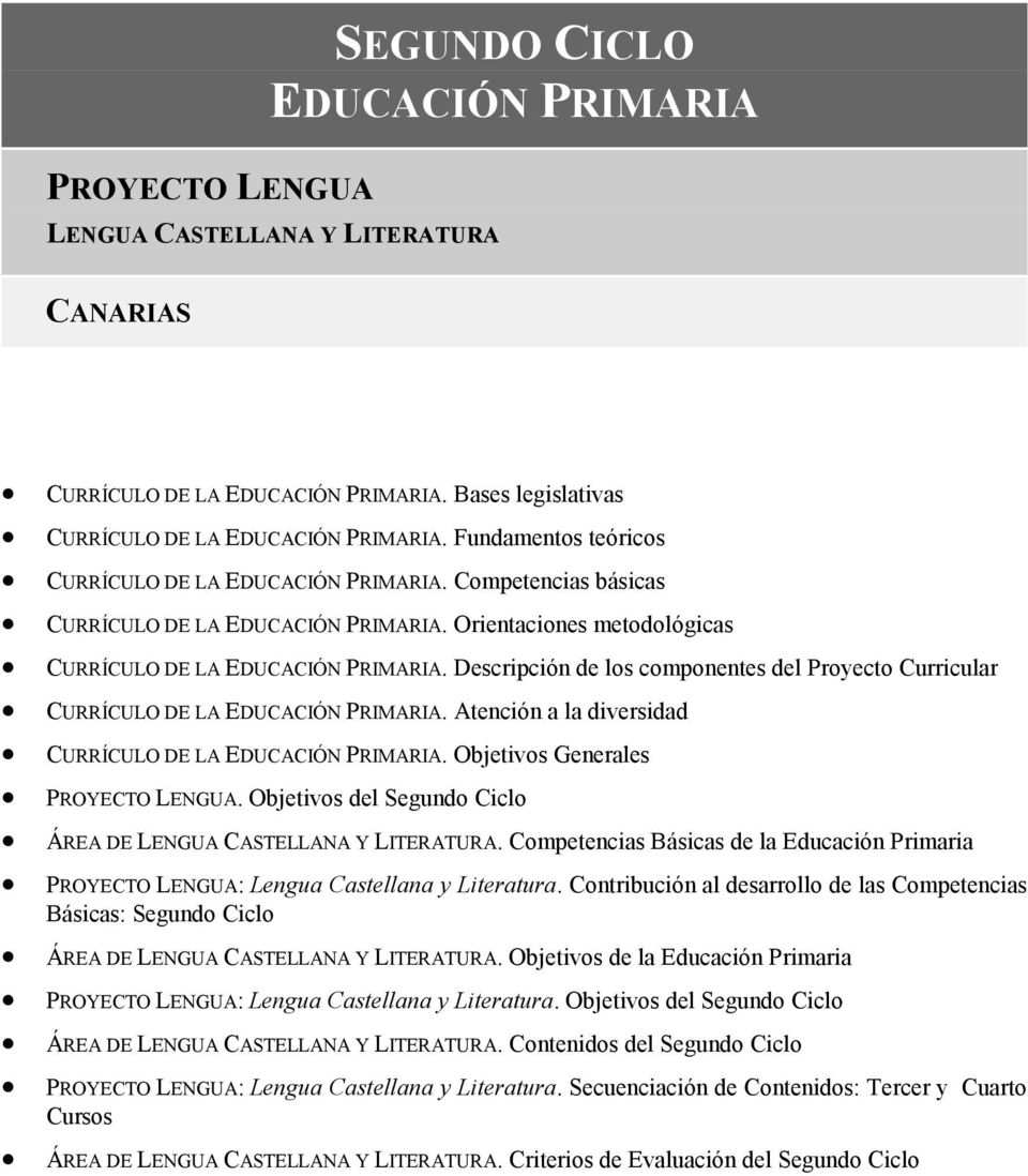 Descripción de los componentes del Proyecto Curricular CURRÍCULO DE LA EDUCACIÓN PRIMARIA. Atención a la diversidad CURRÍCULO DE LA EDUCACIÓN PRIMARIA. Objetivos Generales PROYECTO LENGUA.