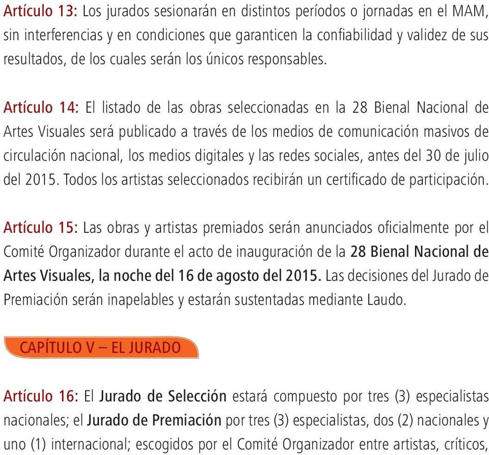 Artículo 14: El listado de las obras seleccionadas en la 28 Bienal Nacional de Artes Visuales será publicado a través de los medios de comunicación masivos de circulación nacional, los medios