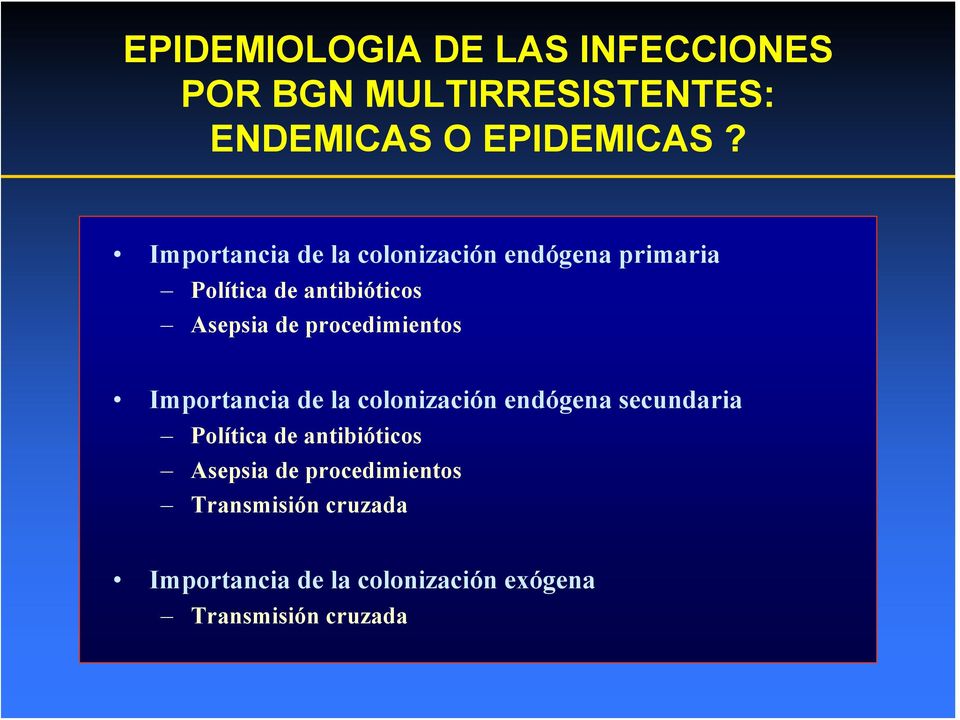 procedimientos Importancia de la colonización endógena secundaria Política de antibióticos