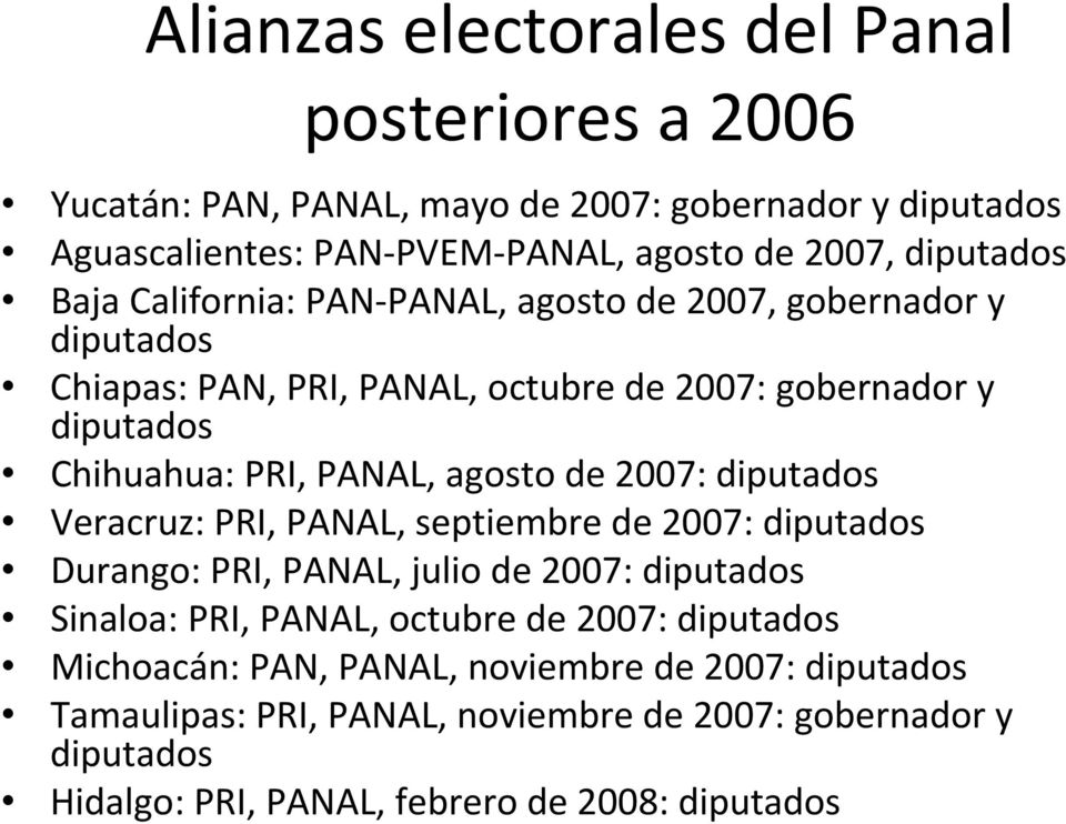 PANAL, agosto de 2007: diputados Veracruz: PRI, PANAL, septiembre de 2007: diputados Durango: PRI, PANAL, julio de 2007: diputados Sinaloa: PRI, PANAL, octubre de