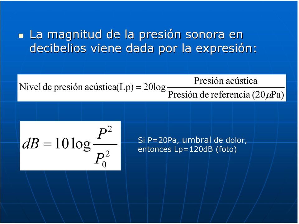 Presión acústica Presión de referencia (20µ Pa) db = 10log